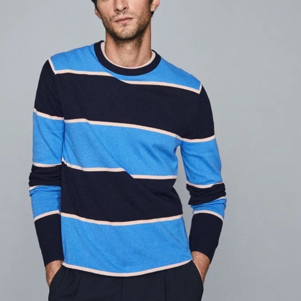 Reiss Men's Pete Striped Crew Neck Jumper Sweater Blue Crew Neck Size XS NWT